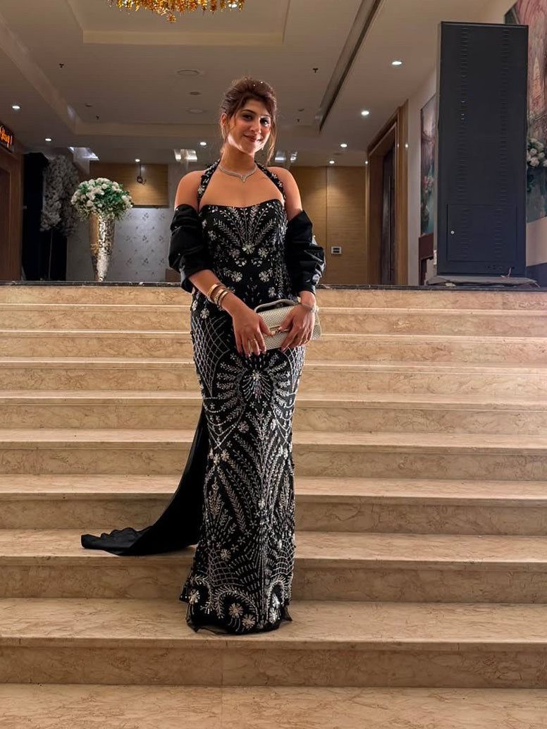 Black Hand-Embellished Sequin Evening Gown for Women | Luxury Party & Cocktail Dress