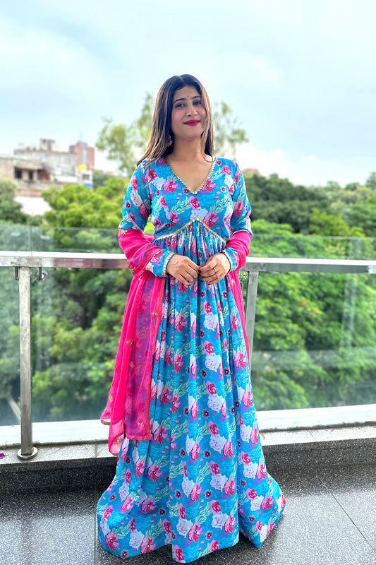 Tropical Bloom Crepe Maxi Dress – Floral Blue & Pink One Piece