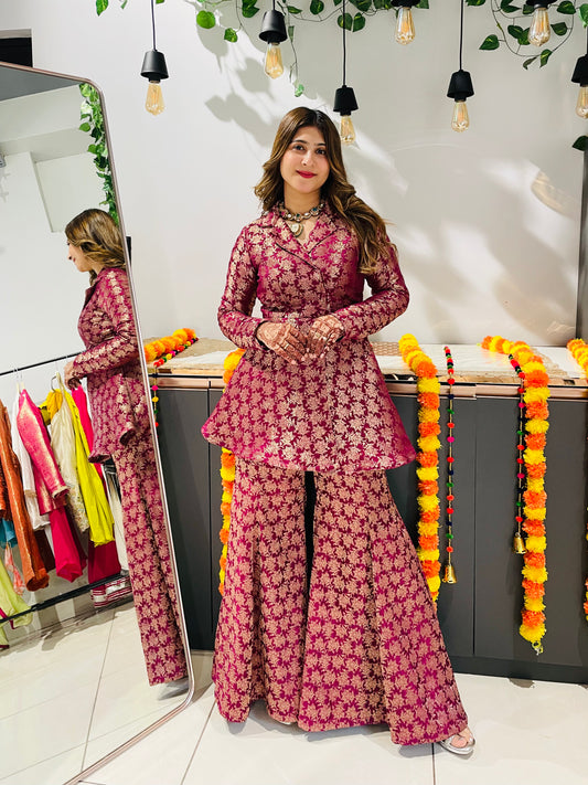 Royal Maroon Brocade Peplum Sharara Set – Festive & Wedding Wear for Women
