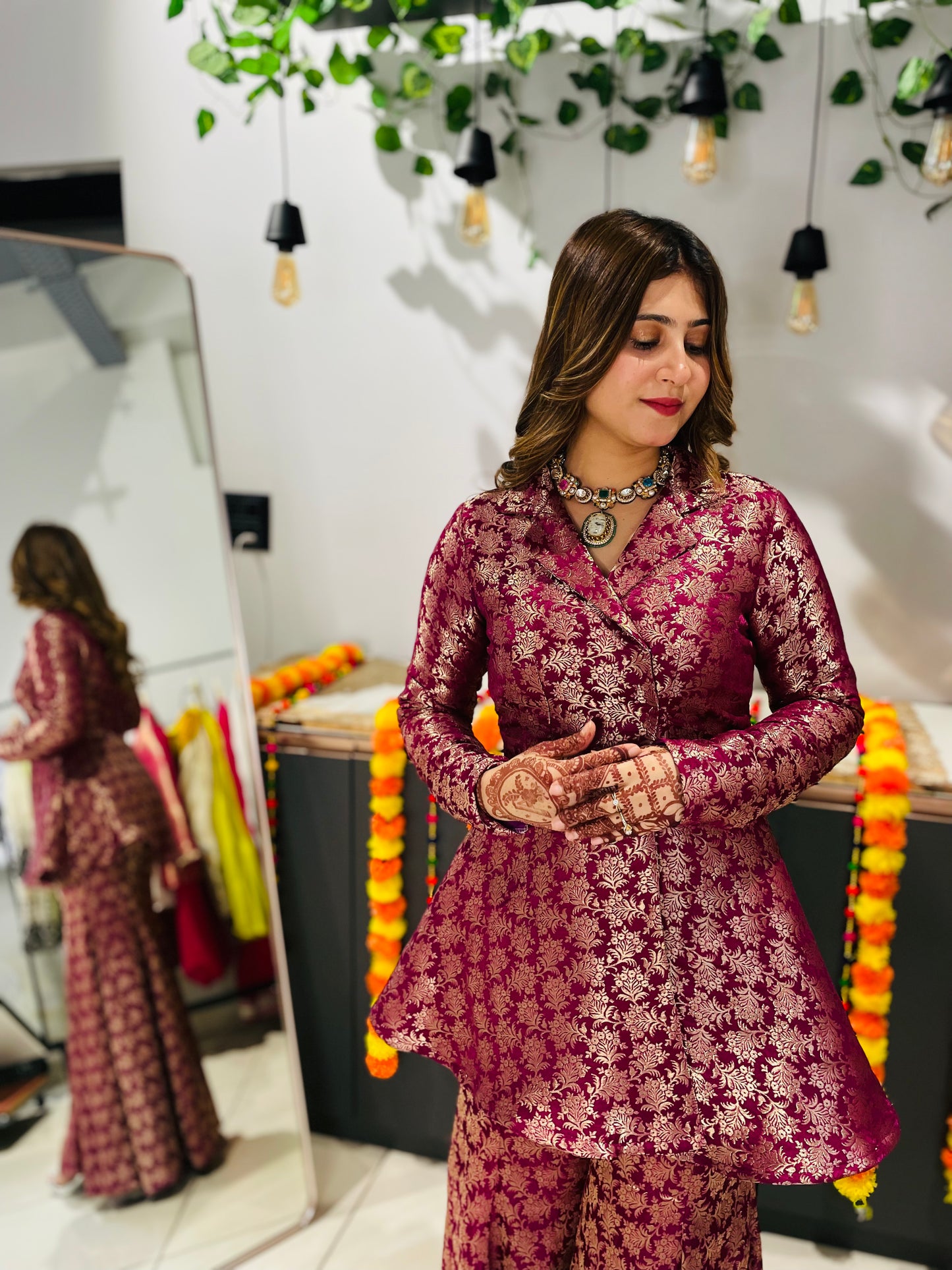 Royal Maroon Brocade Peplum Sharara Set – Festive & Wedding Wear for Women