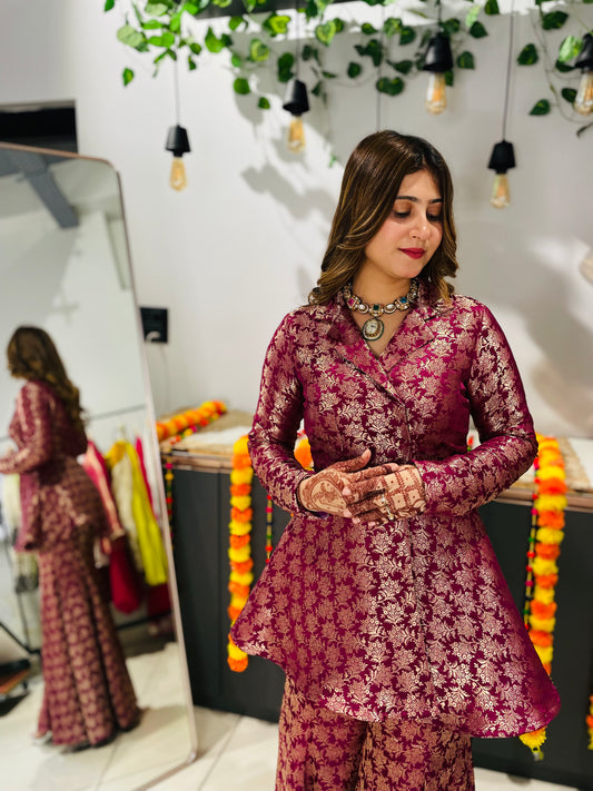 Royal Maroon Brocade Peplum Sharara Set – Festive & Wedding Wear for Women