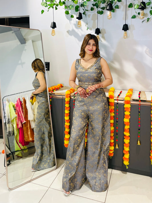 Elegant Grey Brocade Jumpsuit with String Tie-Back – Festive & Party Wear for Women