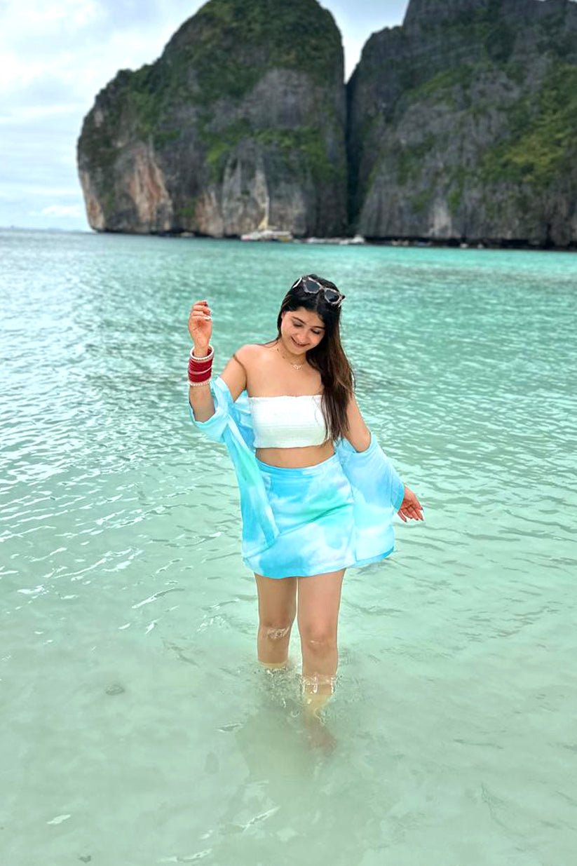 Aqua Crepe Beach Co - Ord Set - Sheer Shirt & Wrap Skirt - Skorts - Vibes and Petals