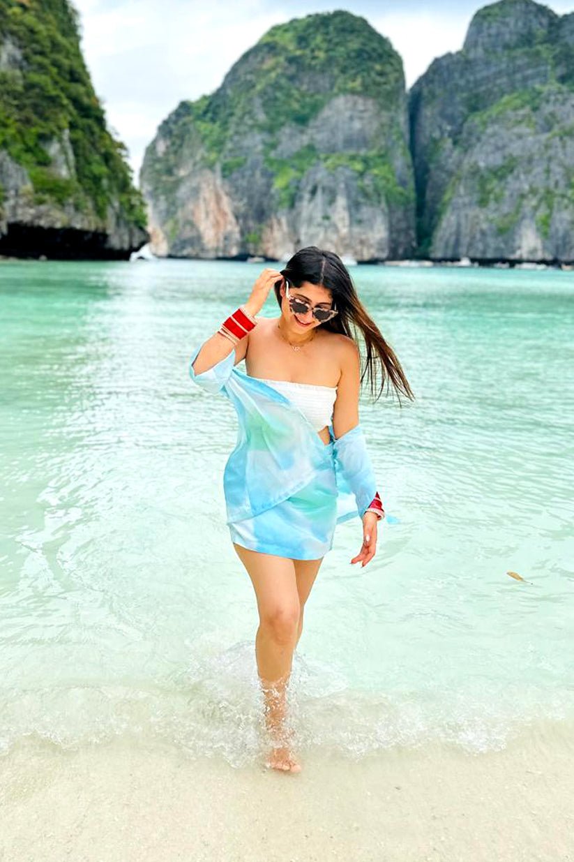 Aqua Crepe Beach Co - Ord Set - Sheer Shirt & Wrap Skirt - Skorts - Vibes and Petals