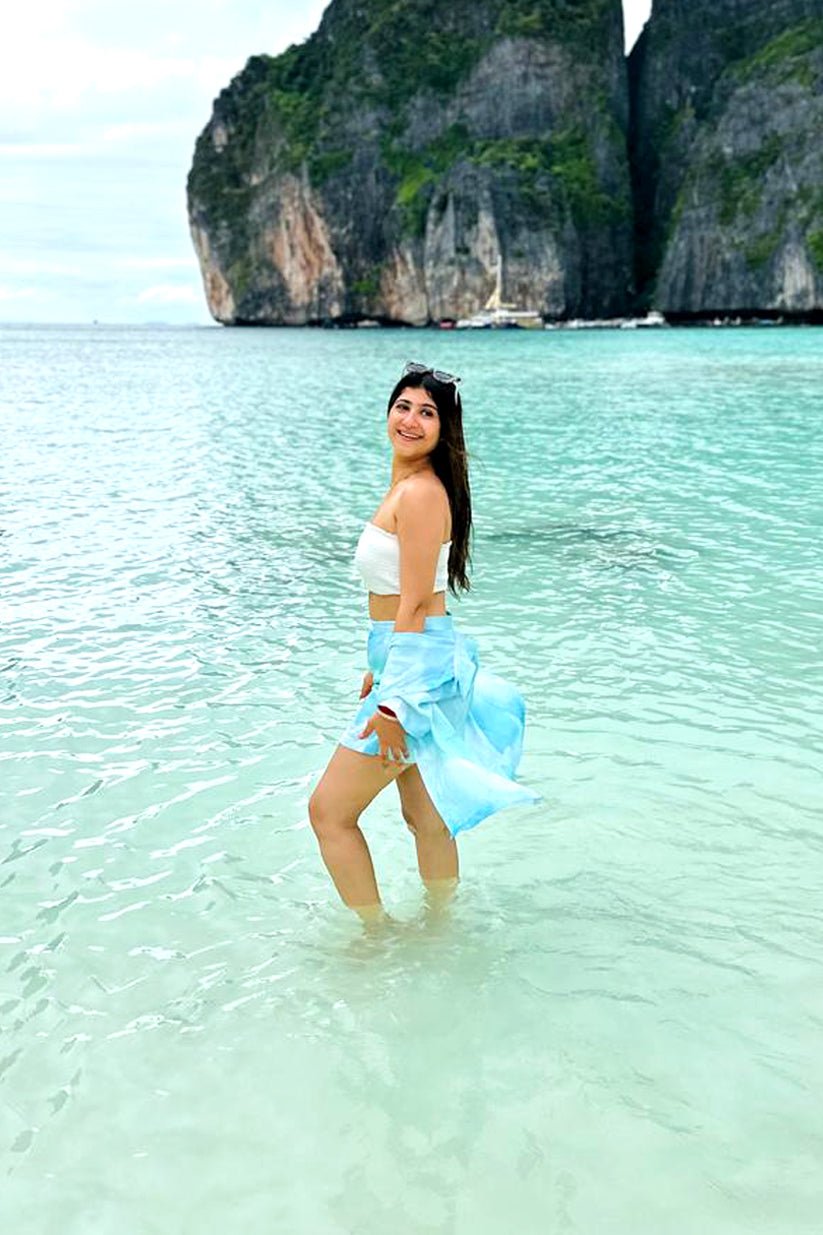 Aqua Crepe Beach Co - Ord Set - Sheer Shirt & Wrap Skirt - Skorts - Vibes and Petals