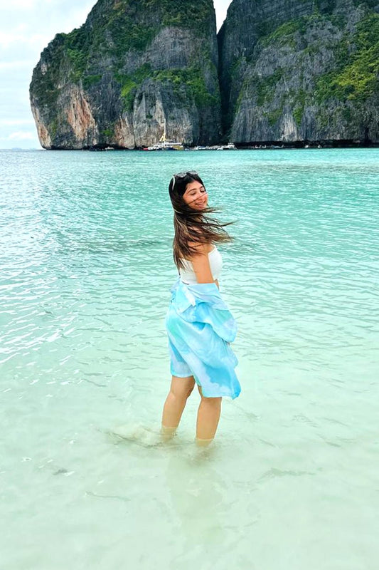 Aqua Crepe Beach Co - Ord Set - Sheer Shirt & Wrap Skirt - Skorts - Vibes and Petals