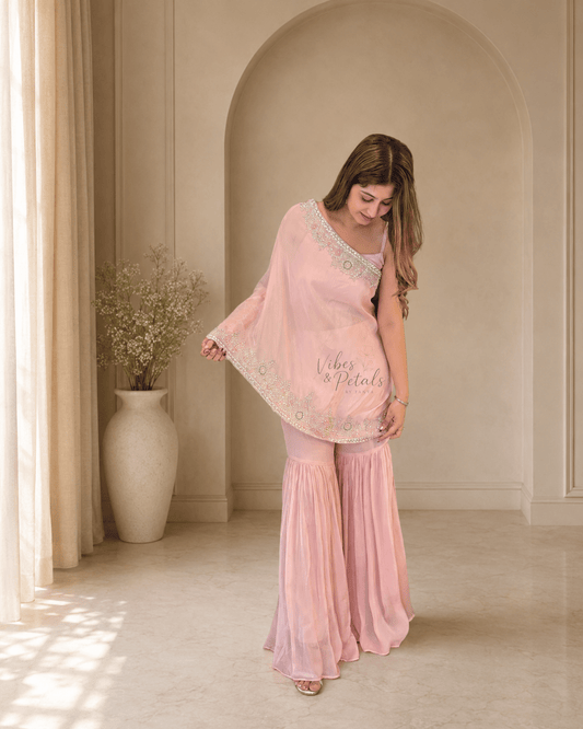 Baby Pink One Shoulder Cape Sharara Set - Vibes and Petals