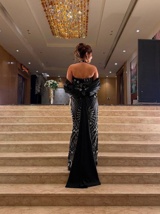 Black Hand-Embellished Sequin Evening Gown for Women | Luxury Party & Cocktail Dress - Vibes and Petals
