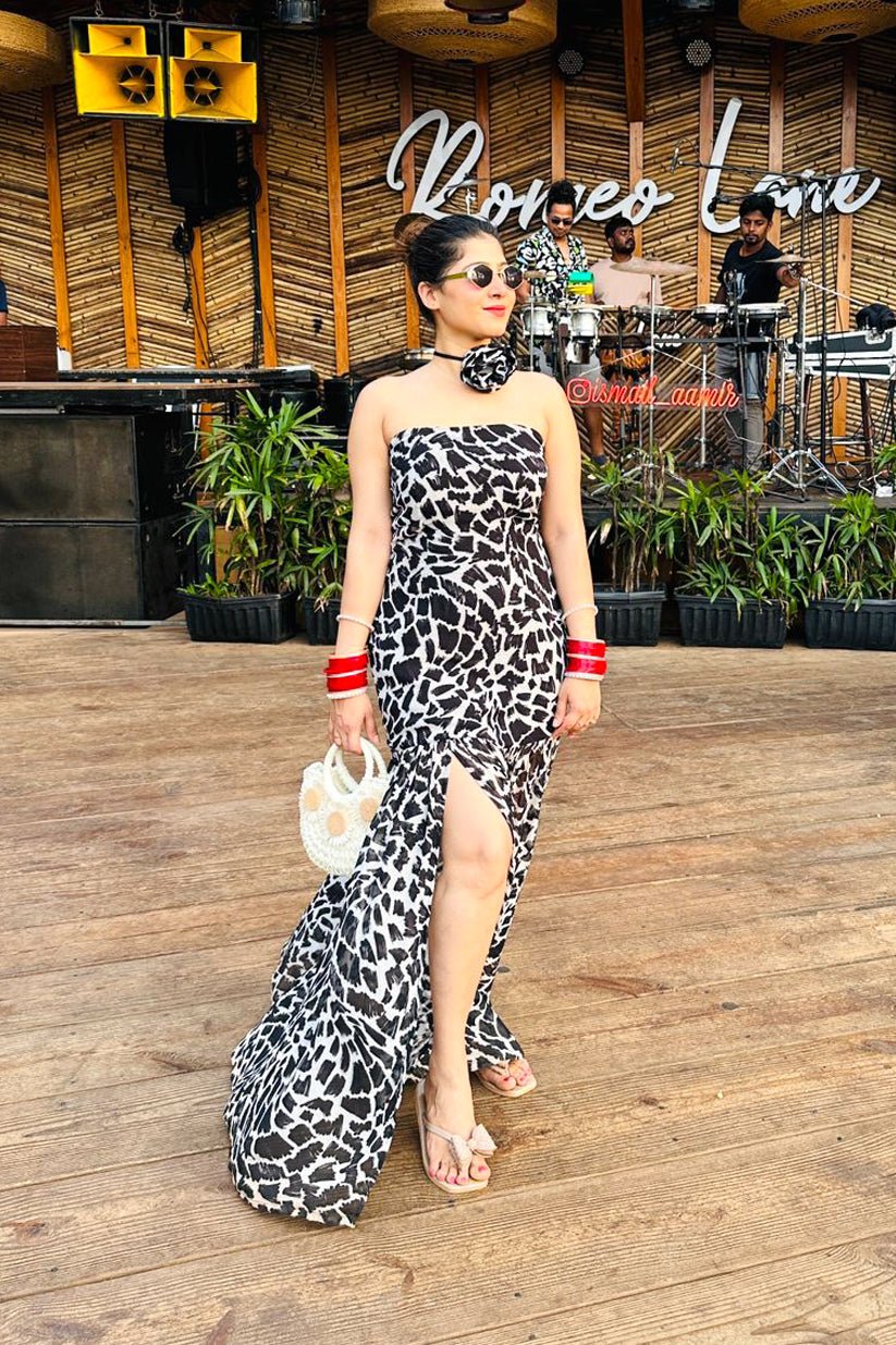 Black & White Animal Print Georgette Gown – Strapless Slit Maxi Dress - Vibes and Petals