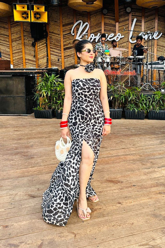 Black & White Animal Print Georgette Gown – Strapless Slit Maxi Dress - Vibes and Petals