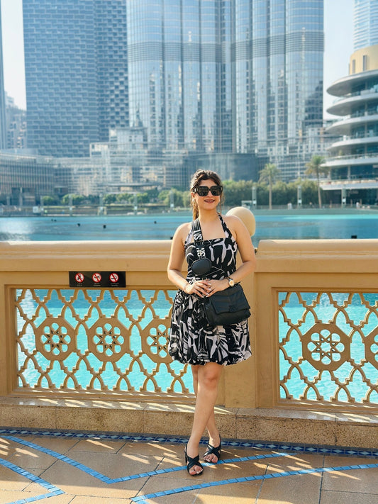 Black & White Halter Neck Mini Dress – Summer Casual Party Outfit - Vibes and Petals