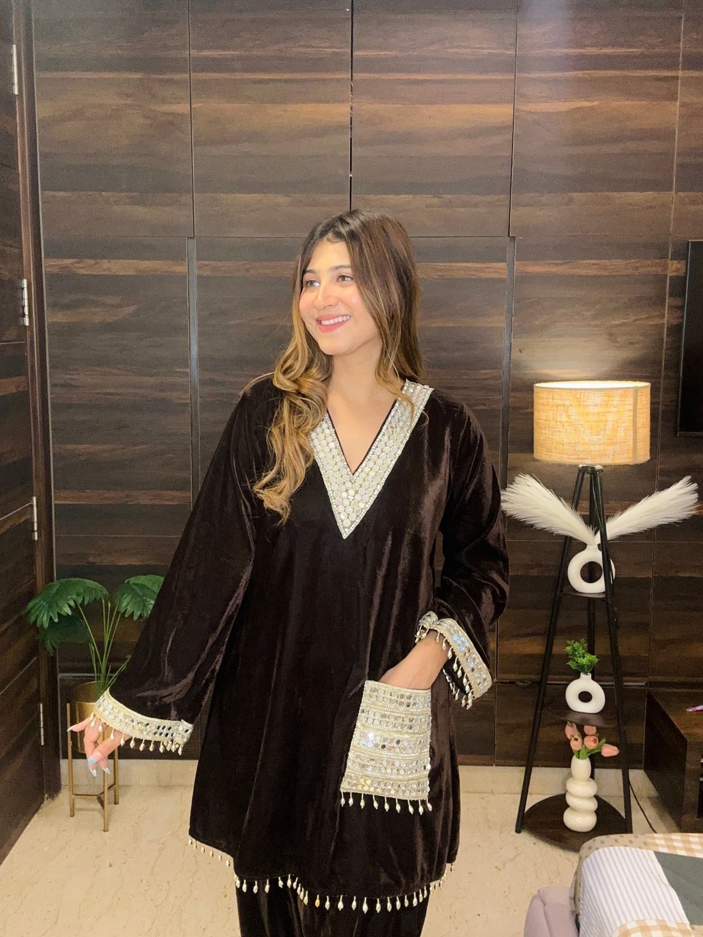 Chocolate Brown Velvet Co - ord Set with Heavy Mirror Work & Tassels - Vibes and Petals