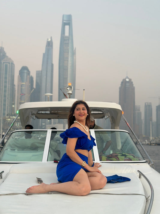 Cobalt Blue Ruffle 2 - Piece Set | Off - Shoulder Crop Top & High - Slit Skirt - Vibes and Petals