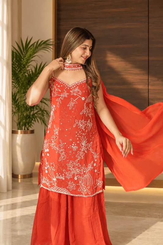 Coral Rust Floral Embroidered Sharara Set with Choker Dupatta - Vibes and Petals