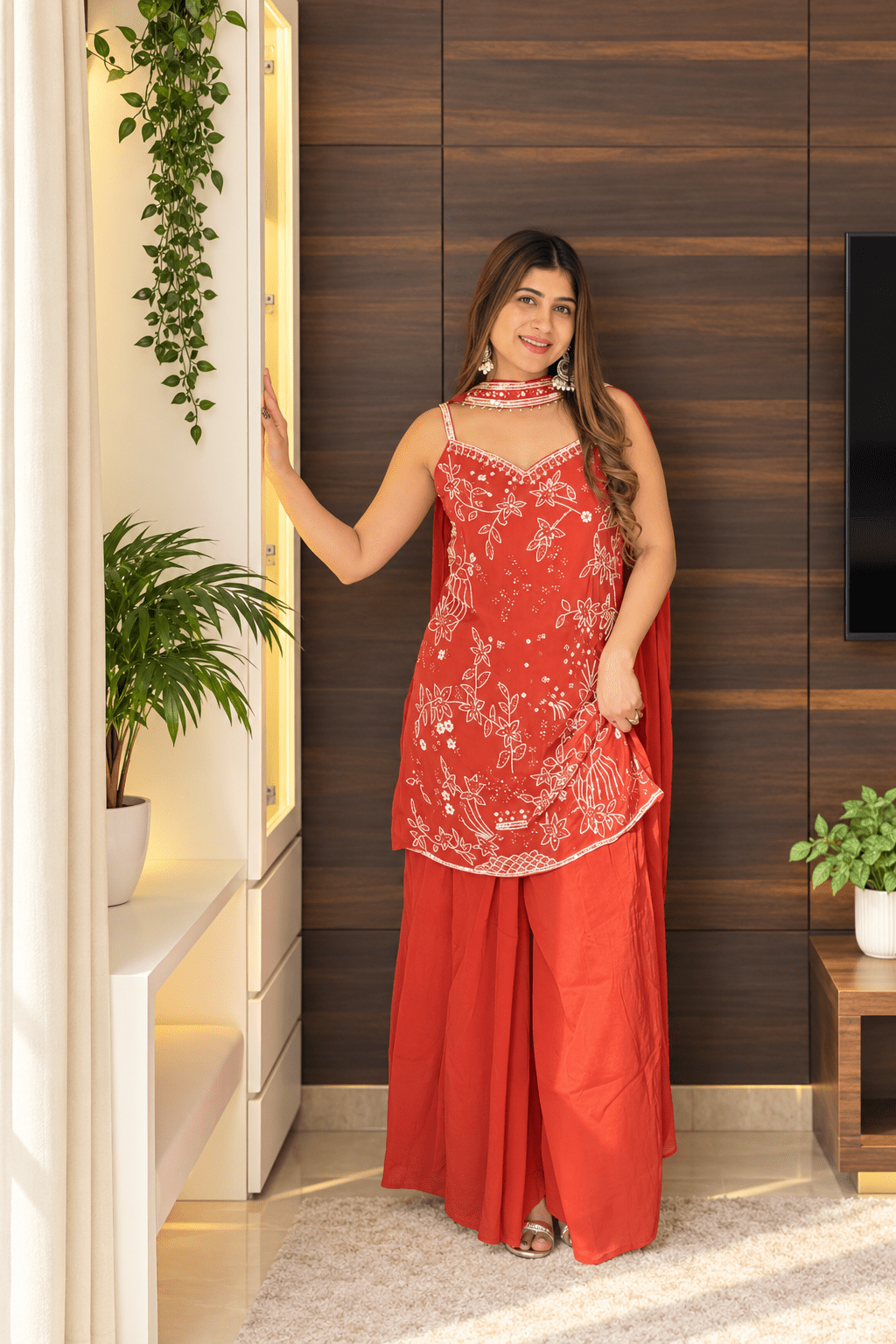 Coral Rust Floral Embroidered Sharara Set with Choker Dupatta - Vibes and Petals