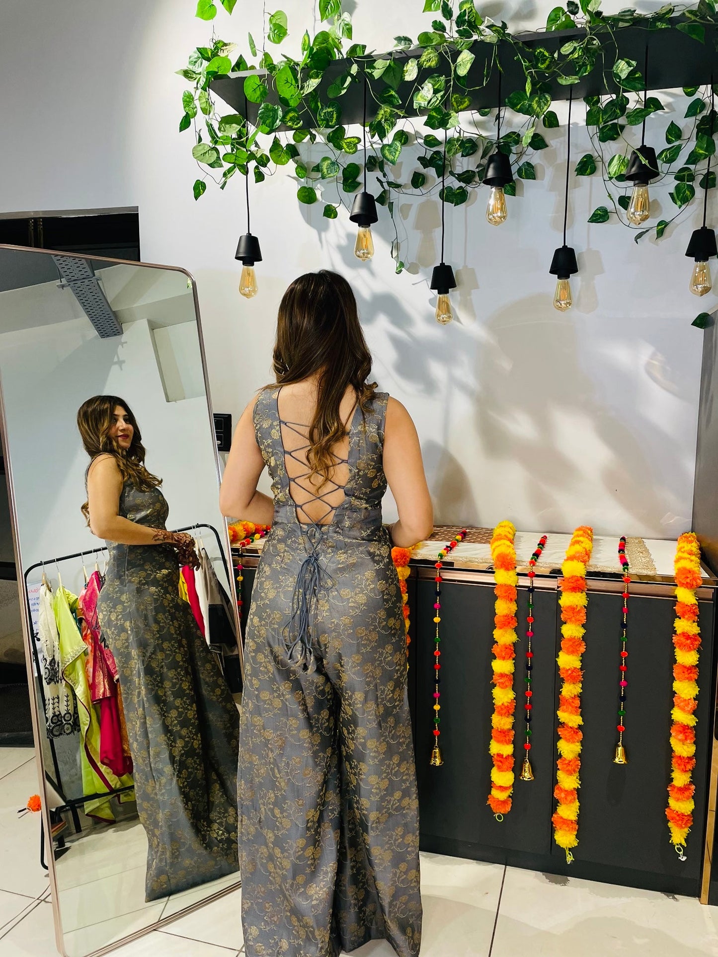 Elegant Grey Brocade Jumpsuit with String Tie - Back – Festive & Party Wear for Women - Vibes and Petals