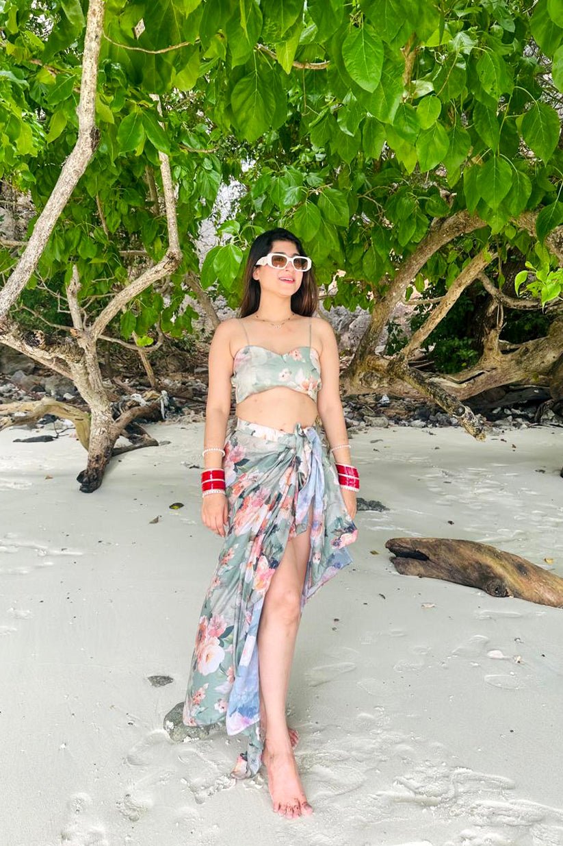 Floral Crepe Beach Co - Ord Set – Bandeau Crop Top & Wrap Sarong Skirt - Vibes and Petals