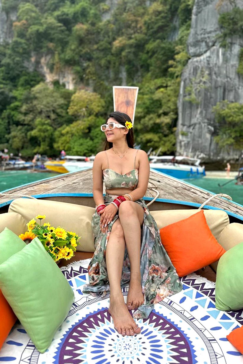 Floral Crepe Beach Co - Ord Set – Bandeau Crop Top & Wrap Sarong Skirt - Vibes and Petals