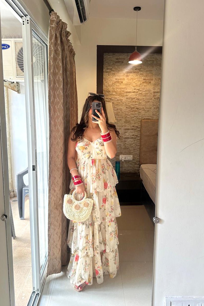 Floral Ruffle Maxi Dress – Tiered Georgette Gown with Sweetheart Neckline - Vibes and Petals