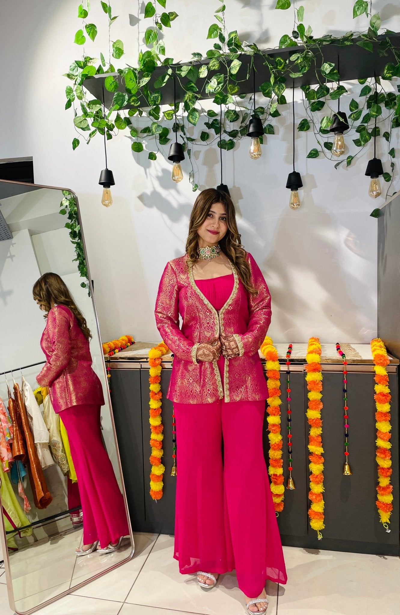 Fuchsia Brocade Jacket Set with Palazzo Pants – Festive & Wedding Wear Ensemble - Vibes and Petals