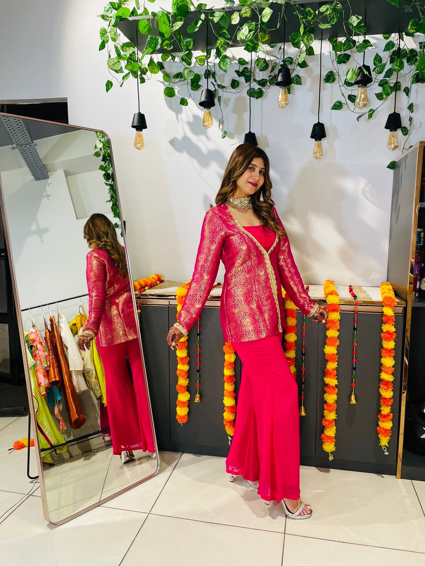 Fuchsia Brocade Jacket Set with Palazzo Pants – Festive & Wedding Wear Ensemble - Vibes and Petals