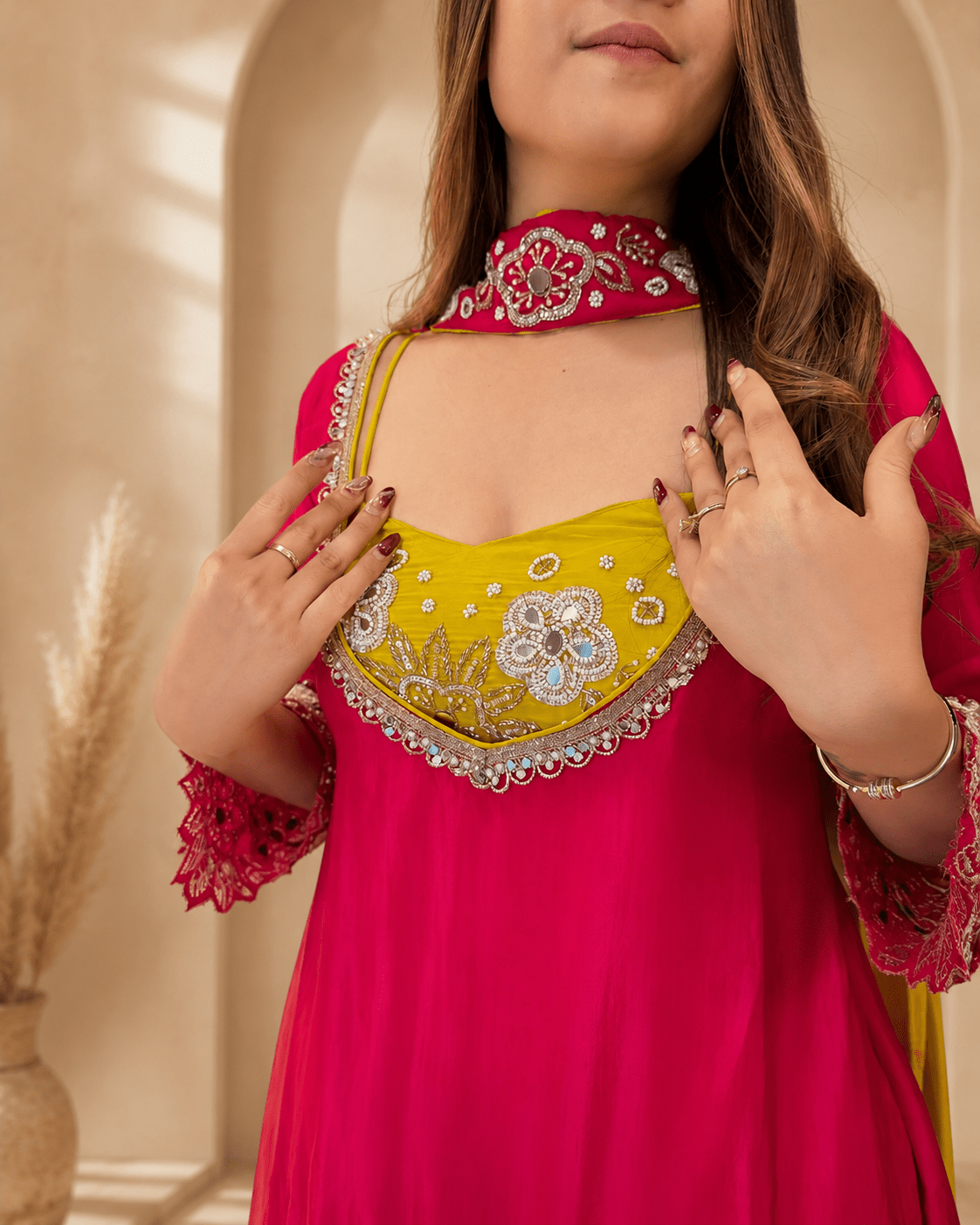 Hot Pink & Lime Yellow Hand Embellished 4-Piece Palazzo Suit Set - Vibes and Petals