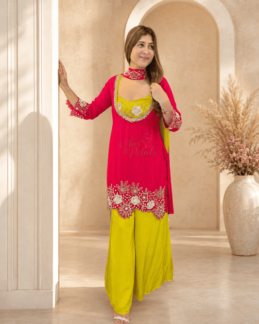 Hot Pink & Lime Yellow Hand Embellished 4-Piece Palazzo Suit Set - Vibes and Petals
