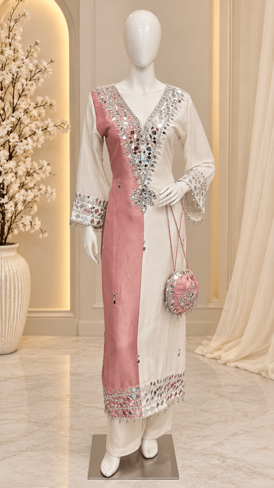 Ivory Beige Mirror Work Kaftan Set with Pants & Matching Potli - 3 More Colors Available - Vibes and Petals