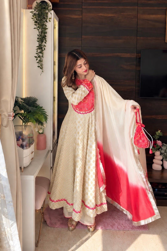 Ivory & Coral Orange Anarkali Set with Ombre Dupatta & Matching Potli - Vibes and Petals
