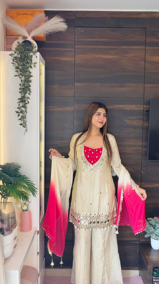 Ivory Heavy Mirror Embroidery Suit with Pink Ombre Dupatta - Vibes and Petals