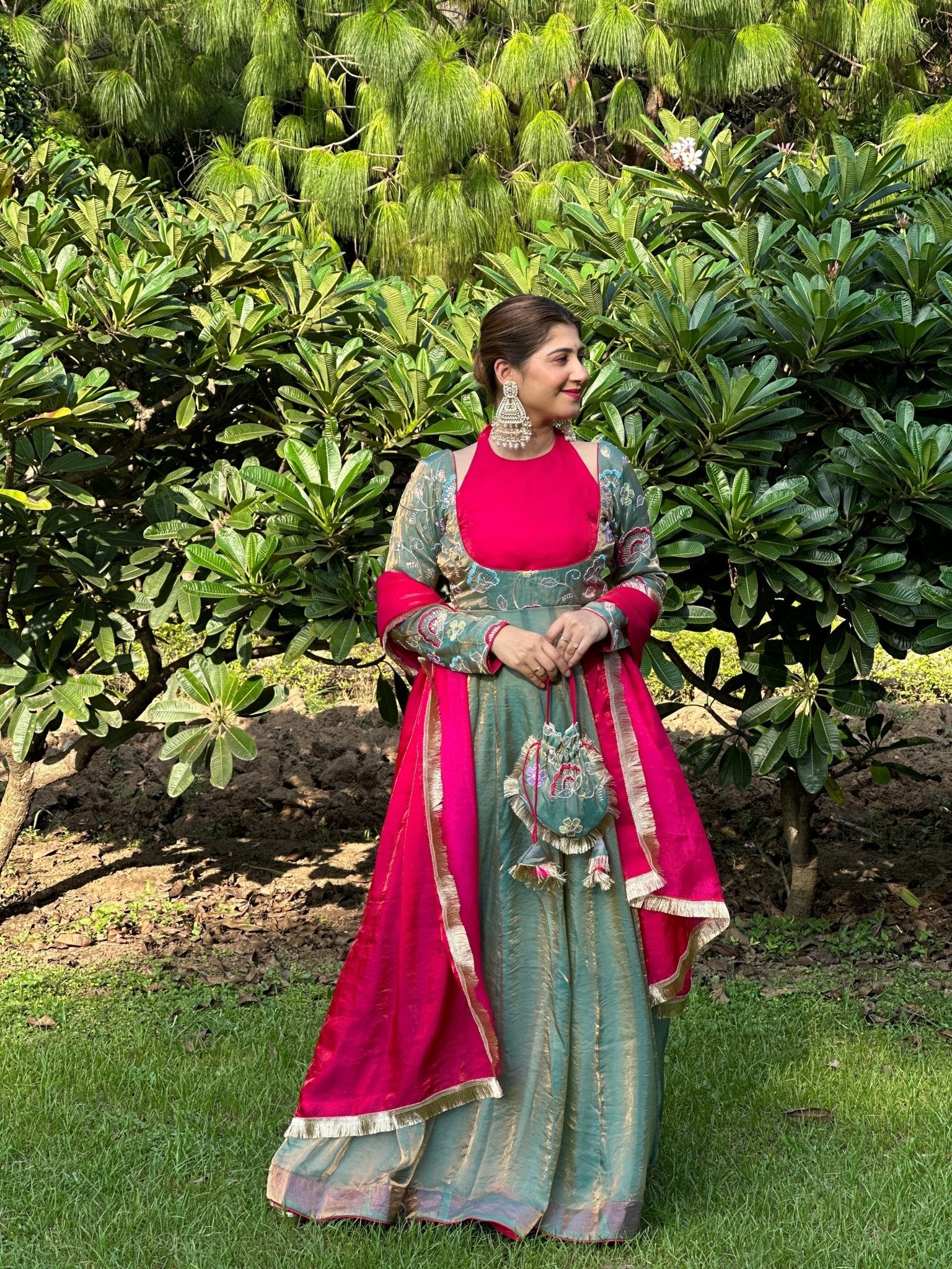 Magenta & Teal Silk Embroidered Anarkali Suit Set with Dupatta | Festive Ethnic Wear for Women - Vibes and Petals