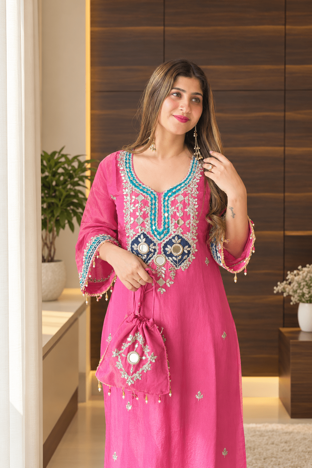 Mirror Work Embroidered Kurta Set with Potli – Ivory & Rani Pink - Vibes and Petals