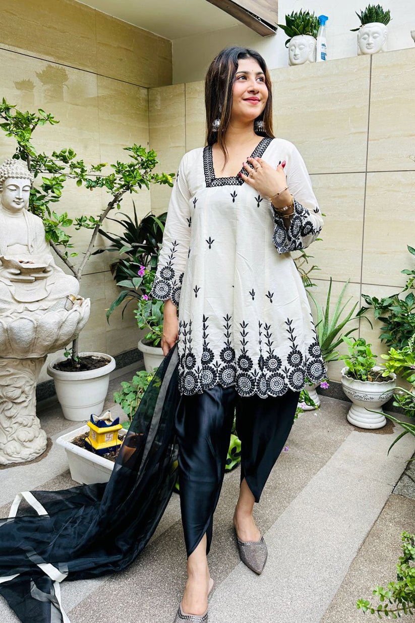Noor - E - Nazaakat Black & White Embroidered Cotton Kurti Set - Vibes and Petals