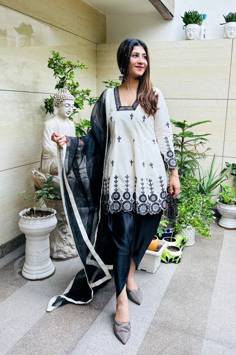 Noor - E - Nazaakat Black & White Embroidered Cotton Kurti Set - Vibes and Petals