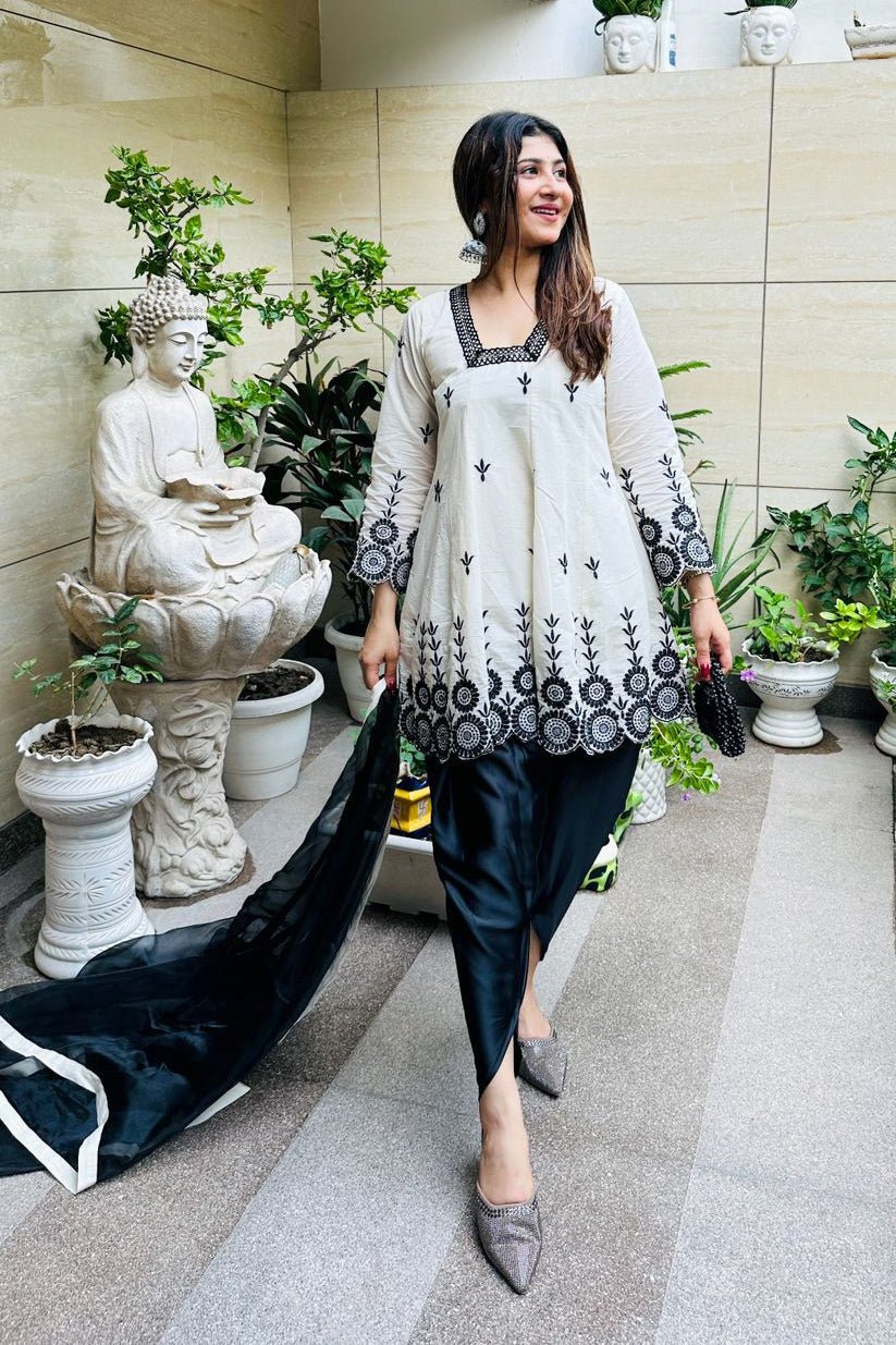 Noor - E - Nazaakat Black & White Embroidered Cotton Kurti Set - Vibes and Petals