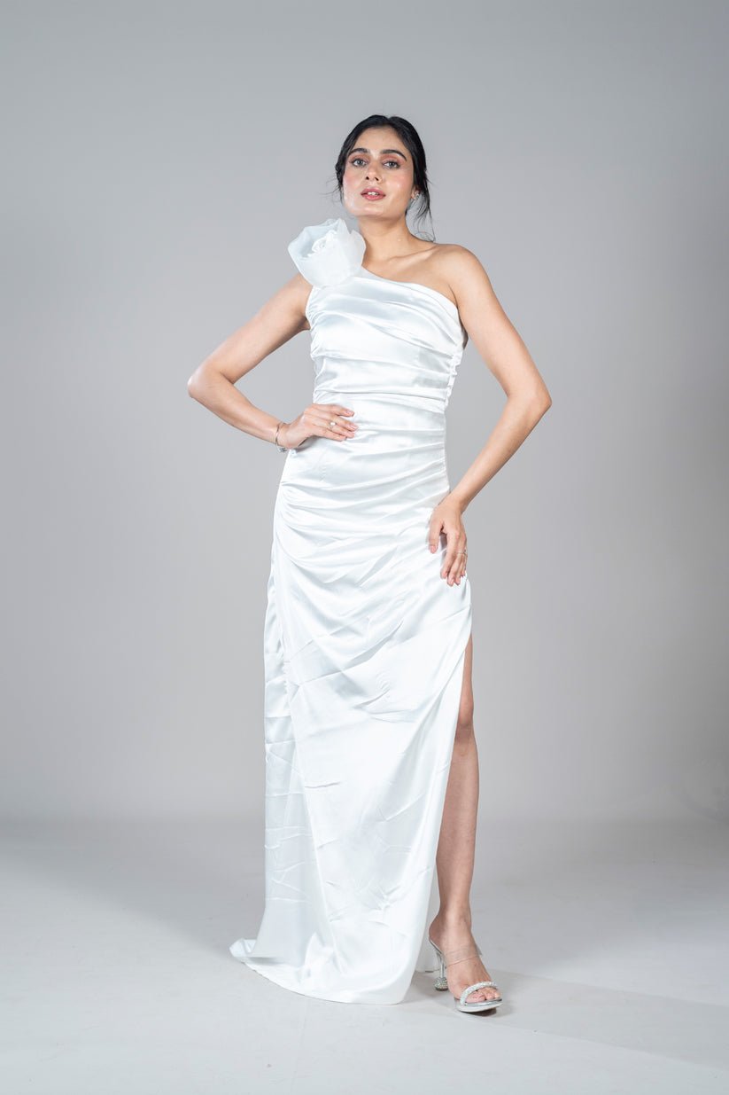 Elegant One-Shoulder Satin Cocktail Dress Pearl White Slit Gown by Vibes and Petals Elegant One-Shoulder Satin Cocktail Dress Pearl White Slit Gown by Vibes and Petals