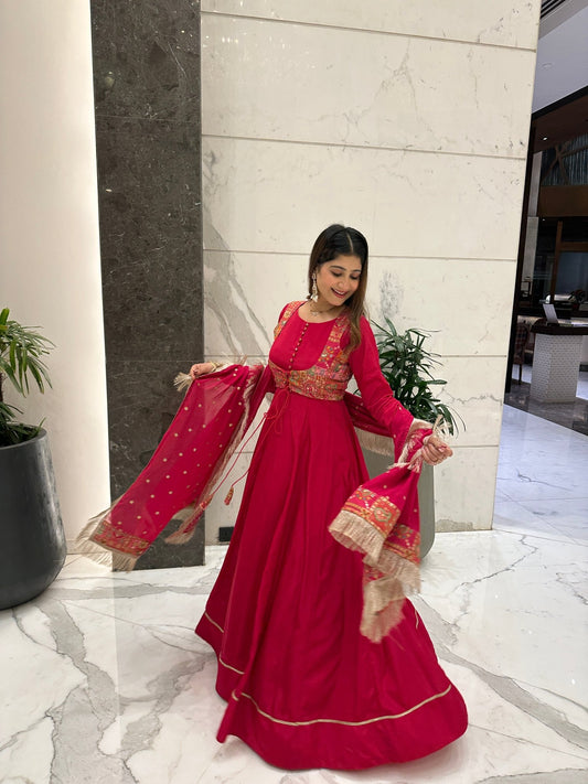 Pink Anarkali Set with Ethnic Print Waistcoat - Vibes and Petals