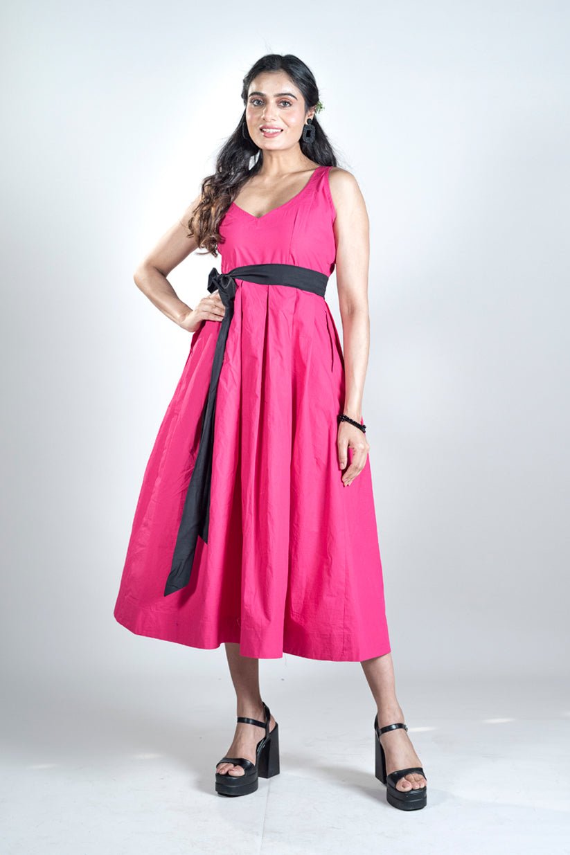 Pink Breeze Midi With Black Belt - Vibes and Petals
