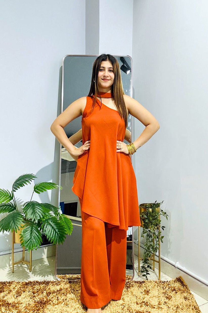 Rust Asymmetric Flare Co - ord Set - Vibes and Petals