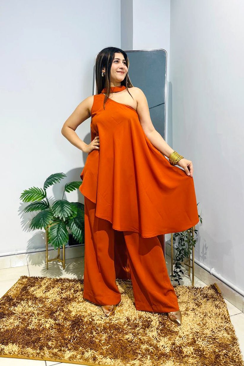 Rust Asymmetric Flare Co - ord Set - Vibes and Petals