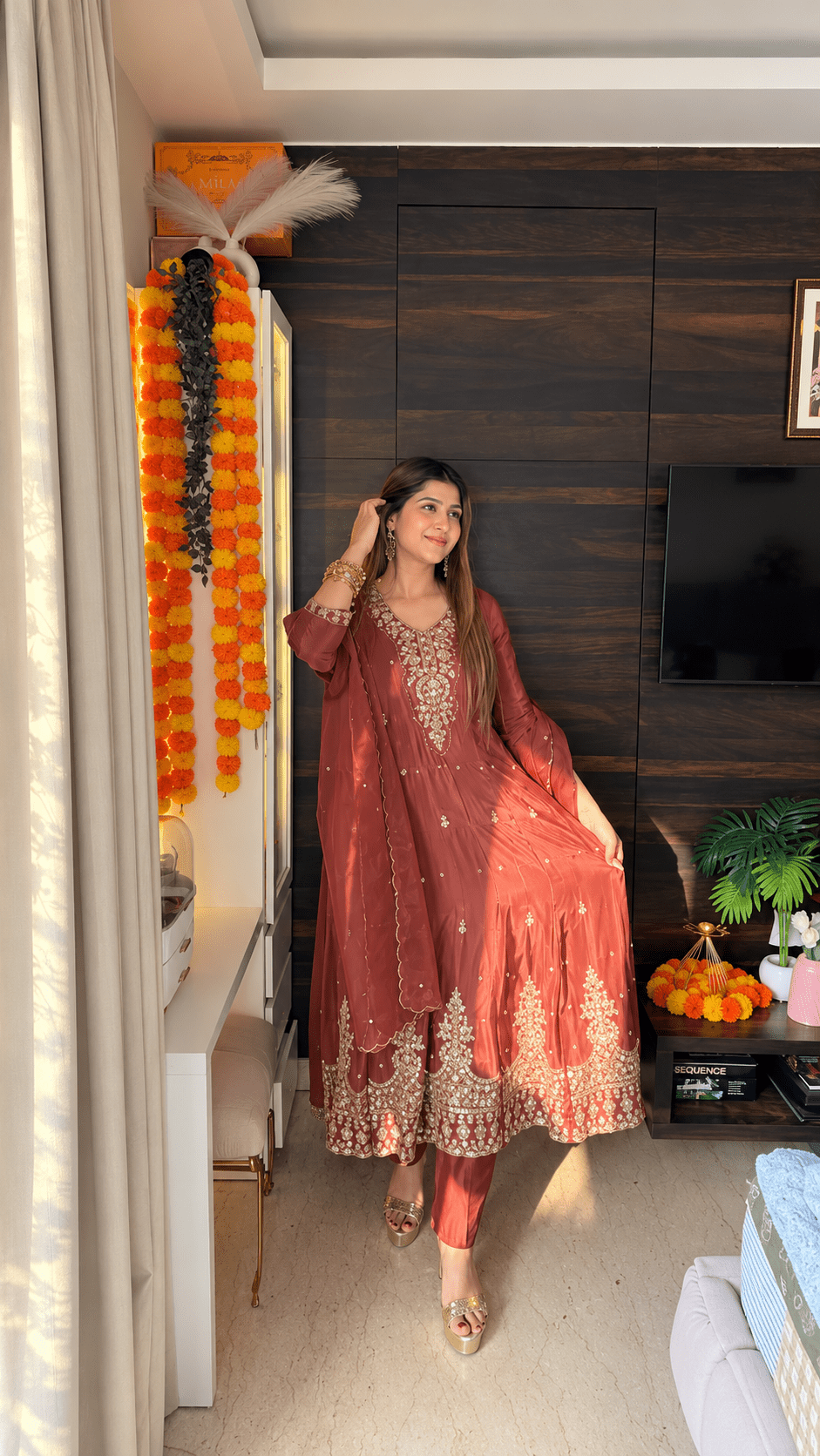 Rust Gold Embroidered Crepe Anarkali Suit Set with Organza Dupatta - Vibes and Petals