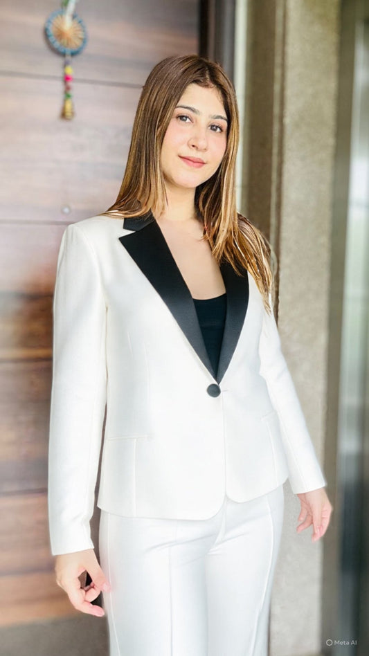 White Blazer Pantsuit with Black Lapel – Elegant 2 Piece Formal Co - ord Set - Vibes and Petals