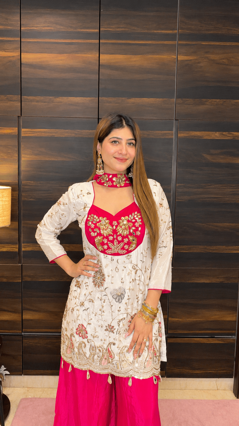 White & Hot Pink Embroidered Sharara Suit with Choker Dupatta - Vibes and Petals