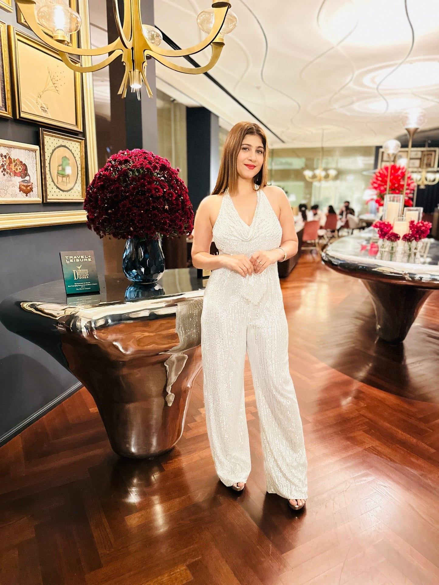 White Sequin Halter Jumpsuit for Women | Party & Evening Wear Outfit - Vibes and Petals