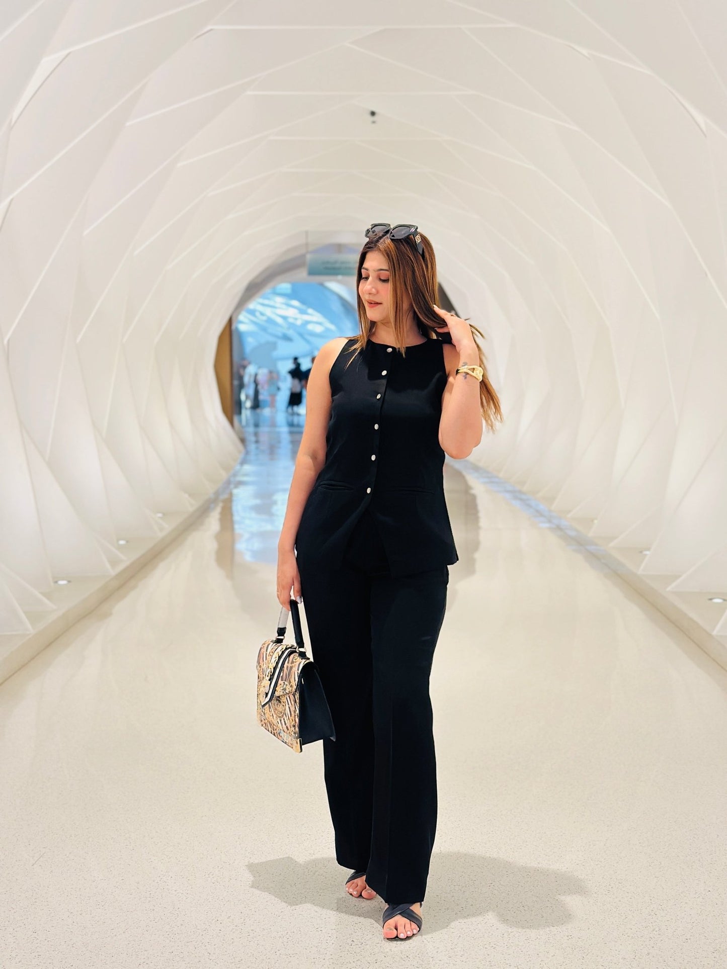 Women's Sleeveless Black Button - Down Power Suit – Elegant Wide - Leg Pants Set - Vibes and Petals