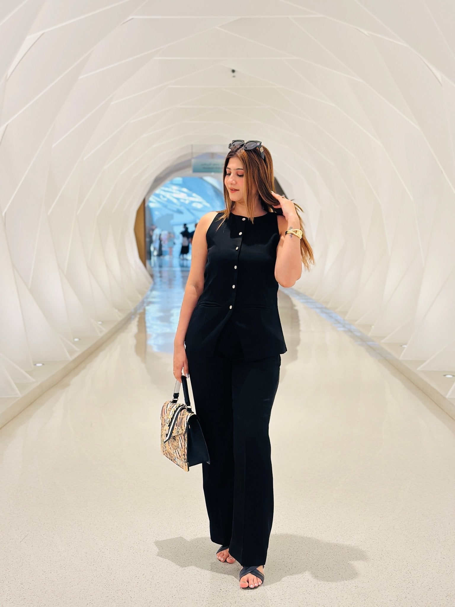 Women's Sleeveless Black Button - Down Power Suit – Elegant Wide - Leg Pants Set - Vibes and Petals