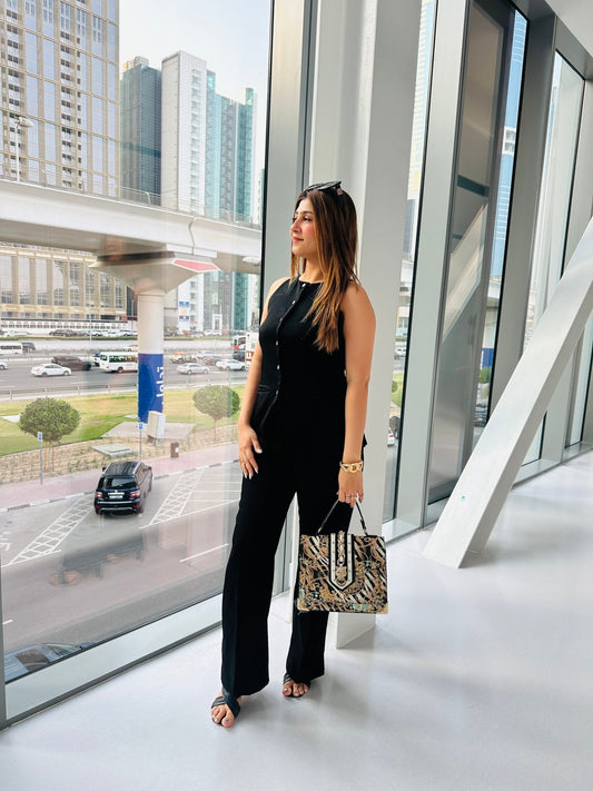 Women's Sleeveless Black Button - Down Power Suit – Elegant Wide - Leg Pants Set - Vibes and Petals