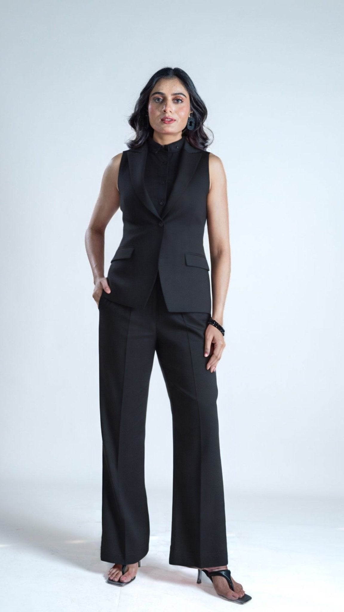 Women's White 3 Piece Pantsuit Set – Sleeveless Blazer, Inner Top & Trousers - Vibes and Petals