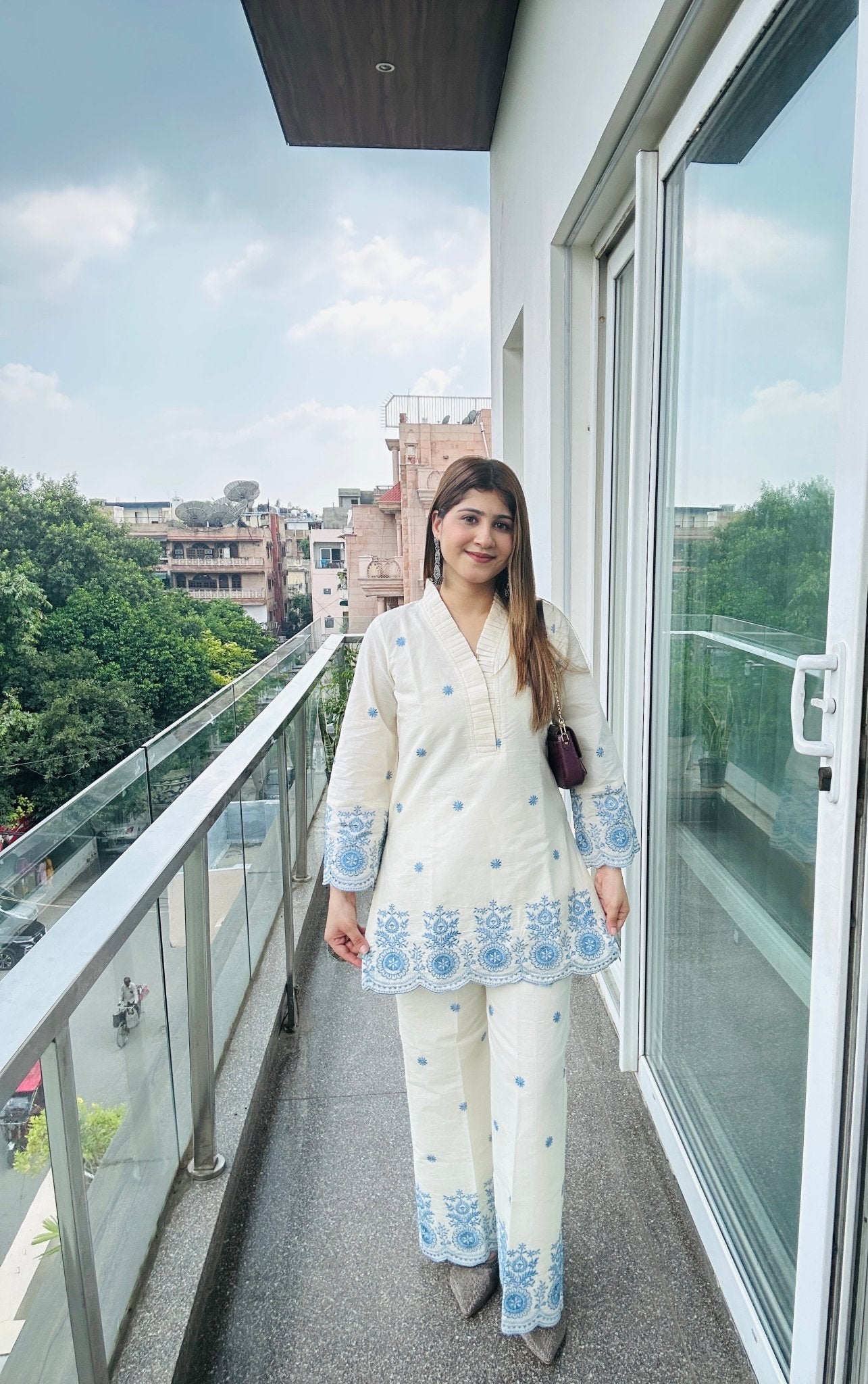 Women's White & Blue Embroidered Kurta Set – 2 Piece Ethnic Co - ord Outfit - Vibes and Petals