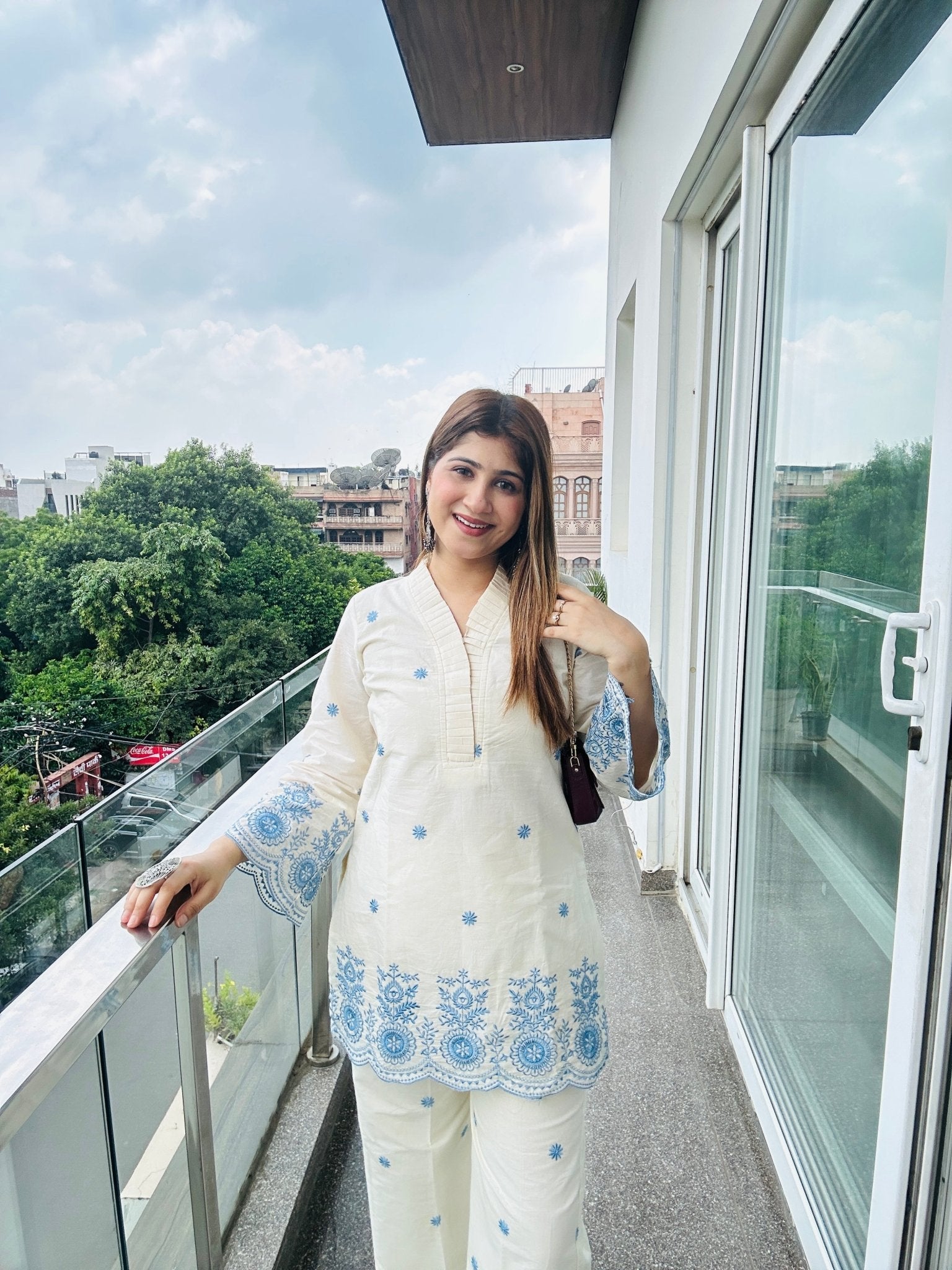 Women's White & Blue Embroidered Kurta Set – 2 Piece Ethnic Co - ord Outfit - Vibes and Petals